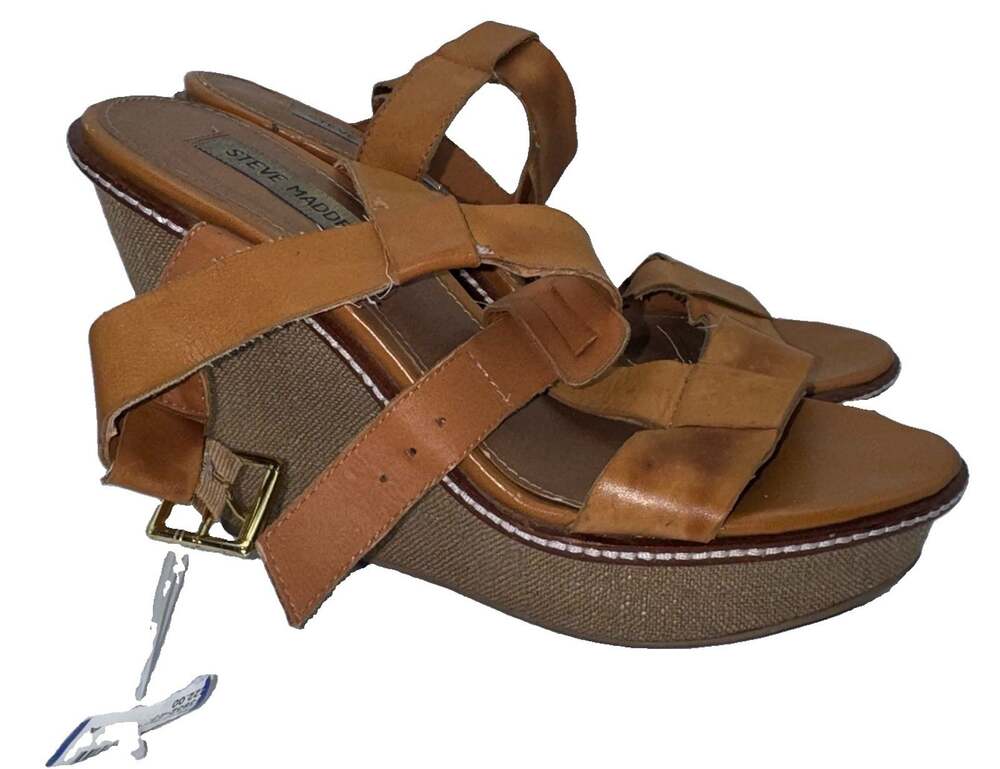Steve Madden Bonzai Womens 7.5M Tan Leather Platform Wedge Sandals